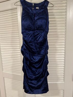 Sleeveless Satin Ruched Navy Blue Cocktail Dress